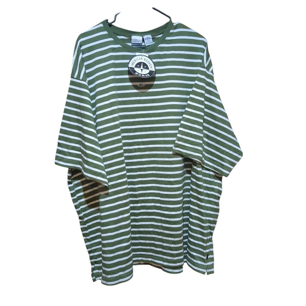 American Weekend Woman's Green Striped Short Sleeved Pullover Top-3X NWT
